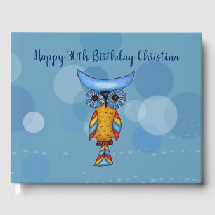 Fantasy Blue Yellow Owl Big Eyes Circles Dashes Guest Book