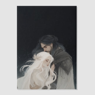 Fantasy book vellum art main characters embracing invitations