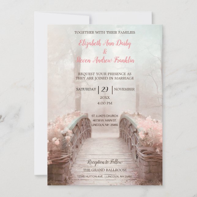 Fantasy Bridge in the Woods with Pink Flowers Invitation (Front)
