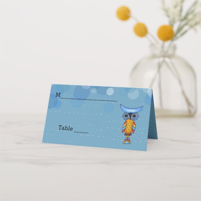 Fantasy Brightly Coloured Owl Blue Eyes Circles Place Card (Front)