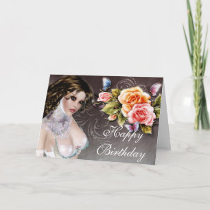 Fantasy Brunette with Roses Birthday Card