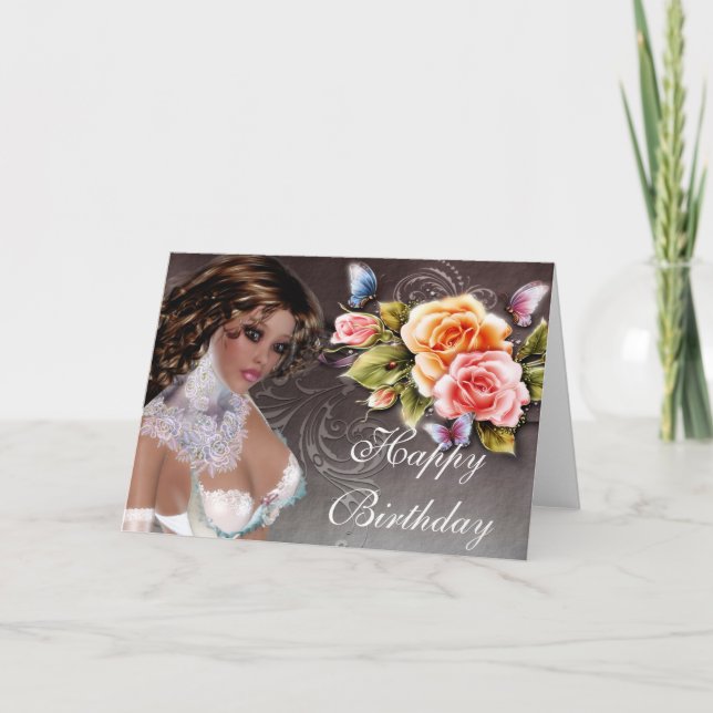 Fantasy Brunette with Roses Birthday Card 2 (Front)