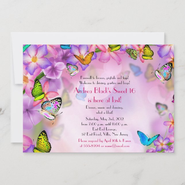 Fantasy Butterflies Flowers Sweet 16 Invitation (Front)