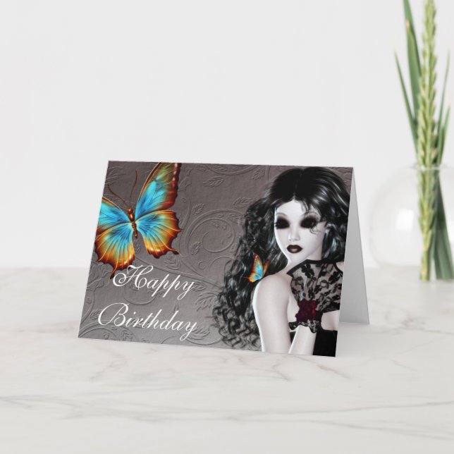 Fantasy Butterfly Goth Woman Birthday Card (Front)