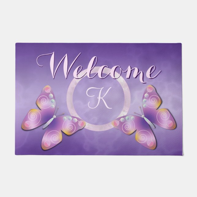 Fantasy Butterfly Monogram Purple Doormat (Front)