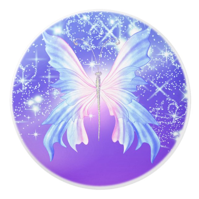 Fantasy Butterfly Pink & Purple Sparkle Ceramic Knob (Front)