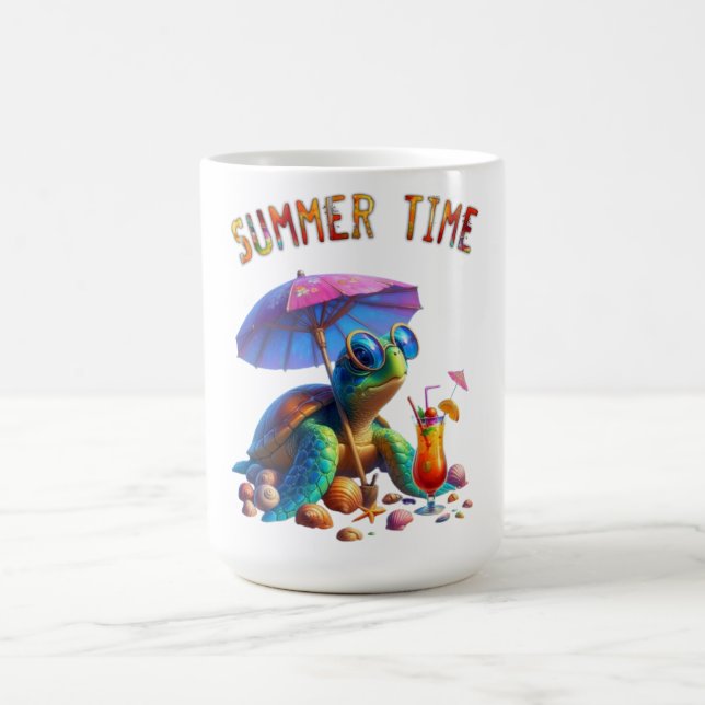 Fantasy cartoon of a turtle relaxing on the beach  coffee mug (Center)