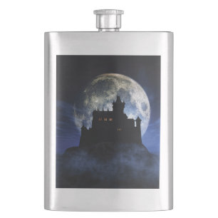 Fantasy castle during night hip flask