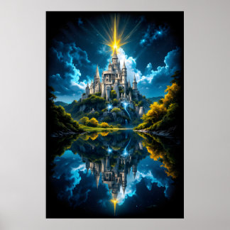 Fantasy Castle Reflecting in Lake with Magical Poster