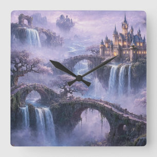 Fantasy Castle Surreal Landscape Lavender Blue Square Wall Clock