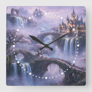 Fantasy Castle Surreal Landscape Lavender Blue Square Wall Clock