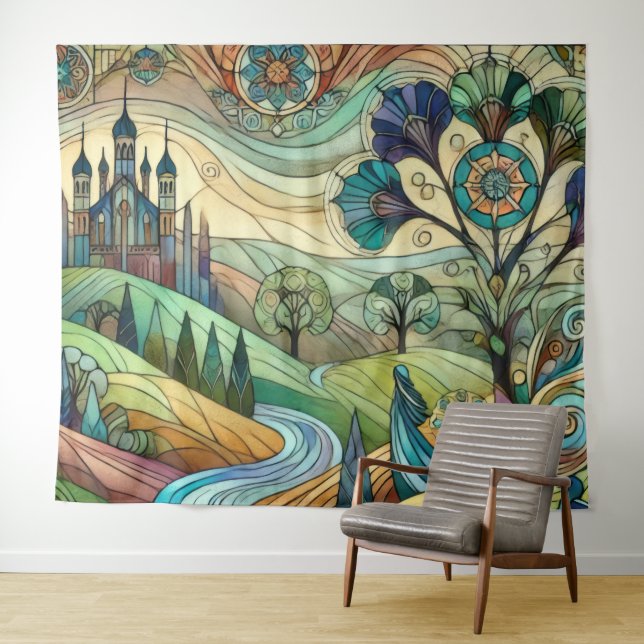 Fantasy Castle with Colourful Hills and River Tapestry (In Situ (Horizontal))
