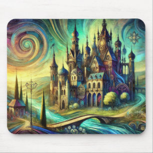 Fantasy Castle with Swirling Sky and Flowing River Mouse Pad