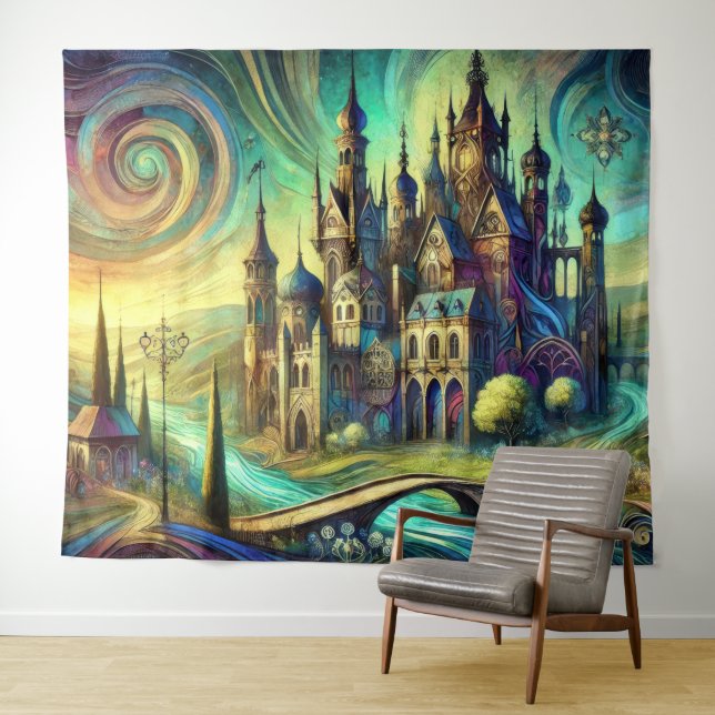 Fantasy Castle with Swirling Sky and Flowing River Tapestry (In Situ (Horizontal))