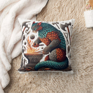 Fantasy Cat Forging in a Magical Workshop Cushion