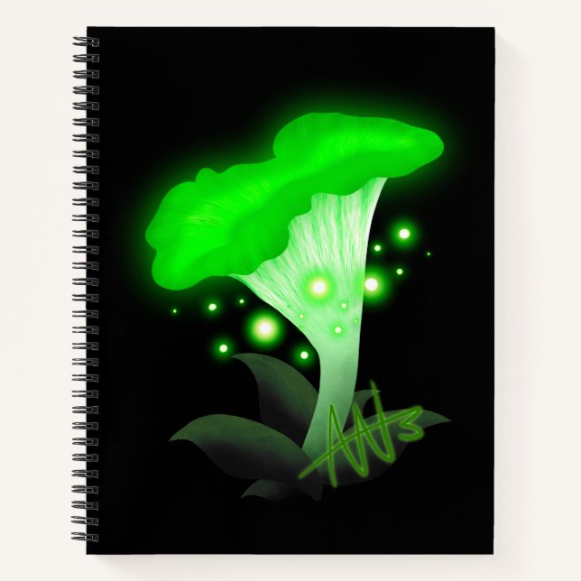 Fantasy Chanterelle Glowing Green Mushroom Spiral Notebook (Front)