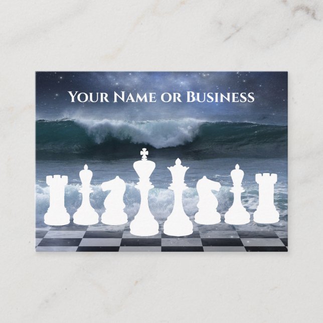 Fantasy Chessboard and Ocean Waves Night Sky Chess Business Card (Front)