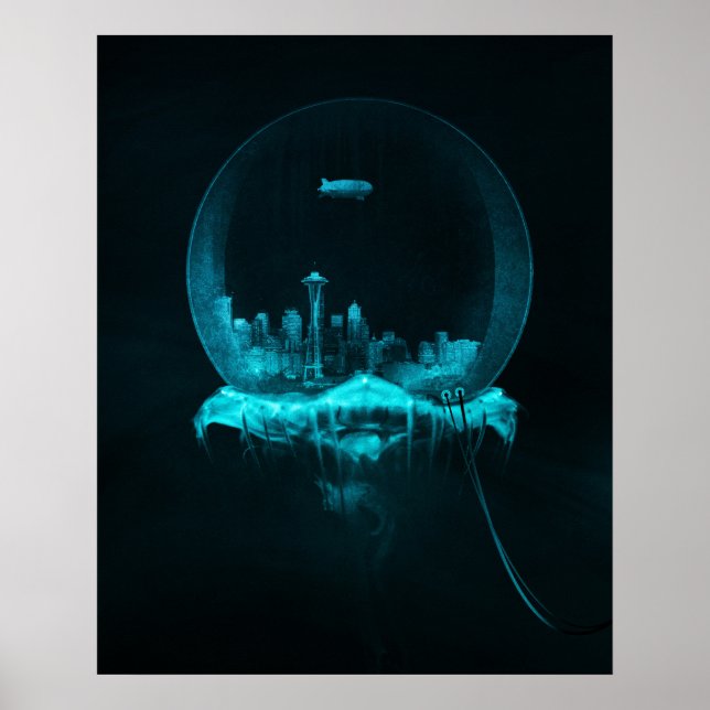 Fantasy City in a Snowglobe with a Blimp Poster (Front)