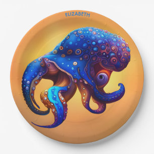 Fantasy Colorful Octopus In Blue. Paper Plate