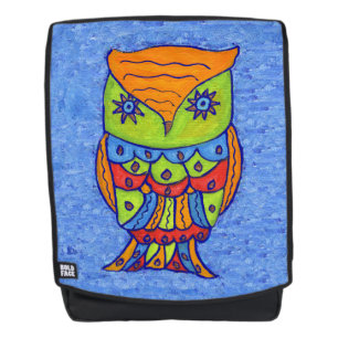 Fantasy Colourful Abstract Owl Star Eyes on Blue Backpack