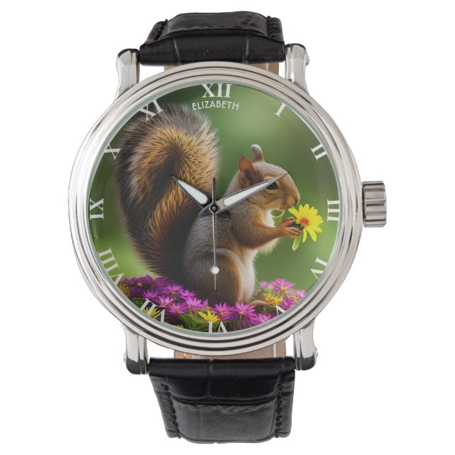 Fantasy Colourful Cute Squirrel With Flowers Watch (Front)