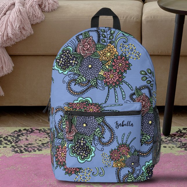 Fantasy Colourful Doodle Flowers on Purple Lavende Printed Backpack (Creator Uploaded)