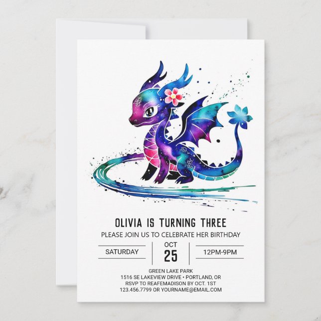 Fantasy Colourful Dragon Digital Girl Birthday  Invitation (Front)