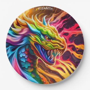 Fantasy Colourful Myth Vivid Dragon. Paper Plate