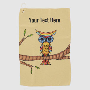 Fantasy Colourful Owl Big Blue Eyes on Branch Brow Golf Towel