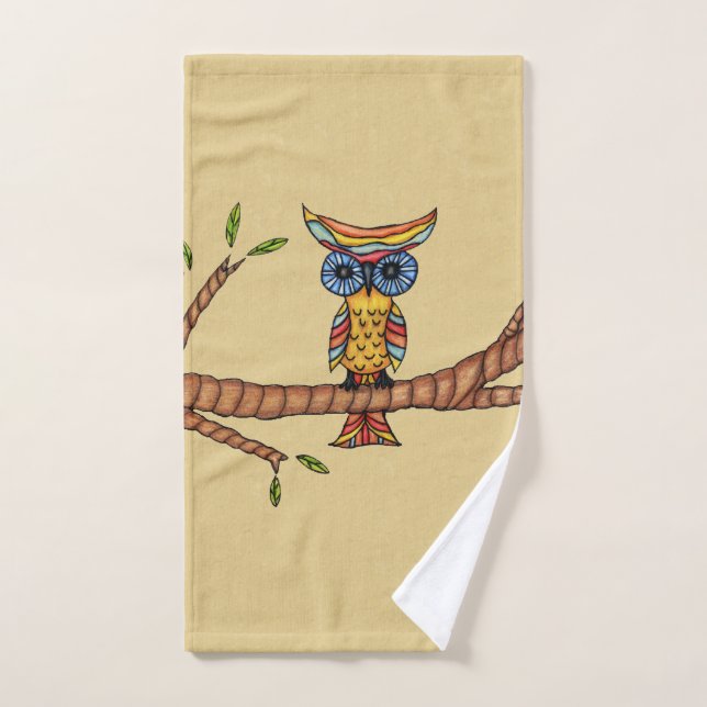 Fantasy Colourful Owl Big Eyes on Branch on Tan Hand Towel (Hand Towel)