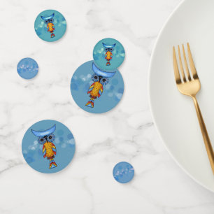 Fantasy Colourful Owl Blue Eyes on Circles Dashes Confetti