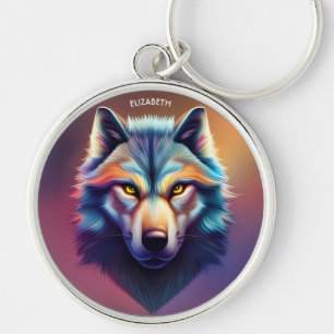 Fantasy Colourful Wolf Art Deco Style Key Ring