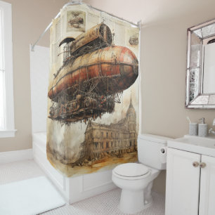 Fantasy Copper Airship Above a Magical City Shower Curtain