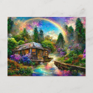Fantasy Cottage mit Regenbogen und Blumen Postcard