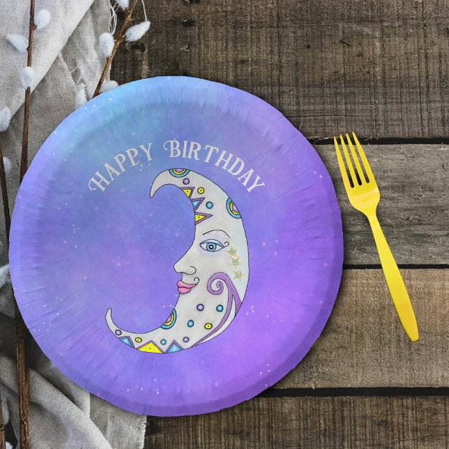 Fantasy Crescent Moon Pretty Face Colourful Shapes Paper Plate (Fantasy white crescent moon colourful abstract decorations, face on purple sky paper party bowls.)