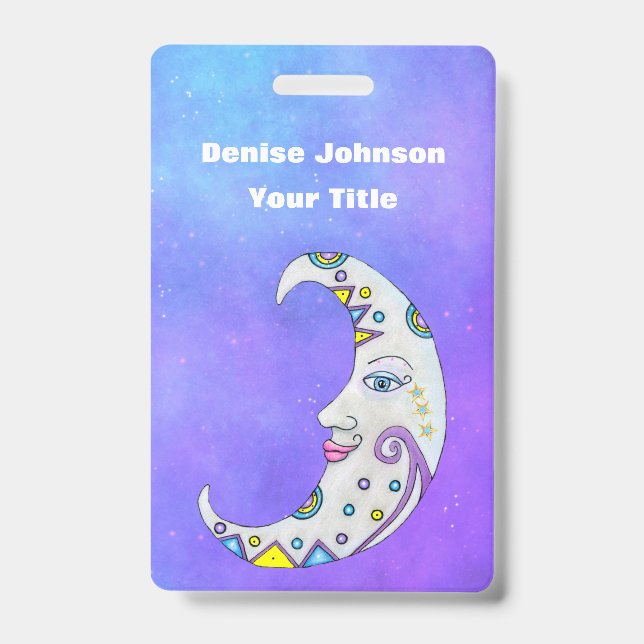 Fantasy Crescent Moon With Face Decorations Purple ID Badge (Front)