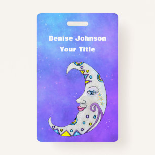 Fantasy Crescent Moon With Face Decorations Purple ID Badge