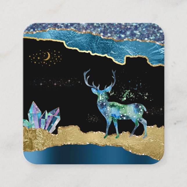 *~* Fantasy Crystal Deer Celestial  Gold Glitter Square Business Card (Front)