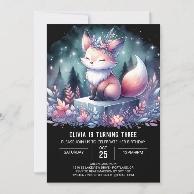 Fantasy Custom Fox Birthday digital Invitation (Front)