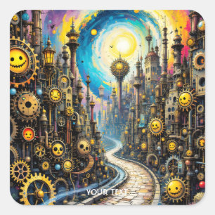 Fantasy Cute Abstract Steampunk City Square Sticker