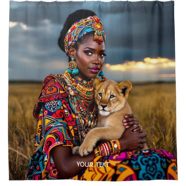 Fantasy Cute African Woman Lion Shower Curtain (Front)