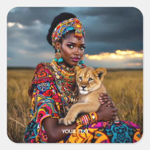 Fantasy Cute African Woman Lion Square Sticker