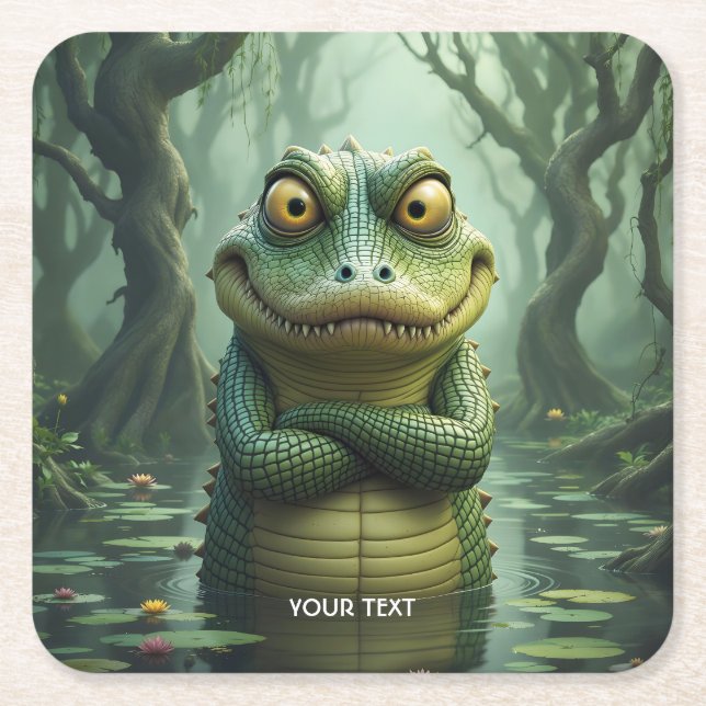 Fantasy Cute  Angry Crocodile Trees Square Paper Coaster (Front)
