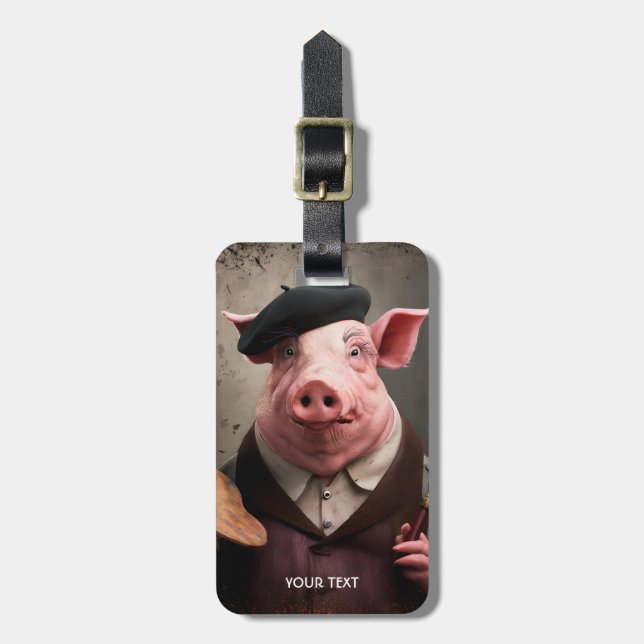 Fantasy Cute Artist Painter Pig Luggage Tag (Front Vertical)