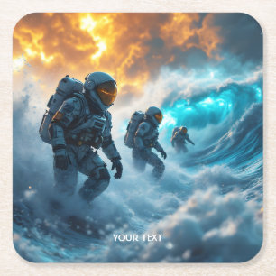 Fantasy Cute Astronauts Storm Sea Square Paper Coaster