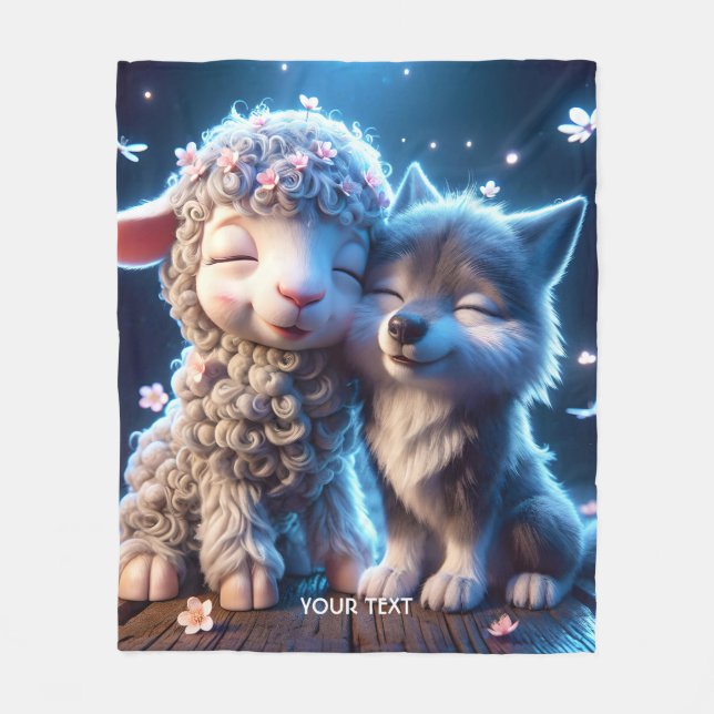 Fantasy Cute Babies Sheep Wolf Fleece Blanket (Front)