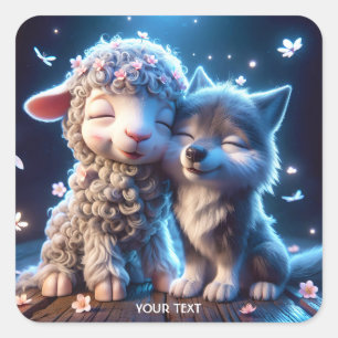 Fantasy Cute Babies Sheep Wolf Square Sticker