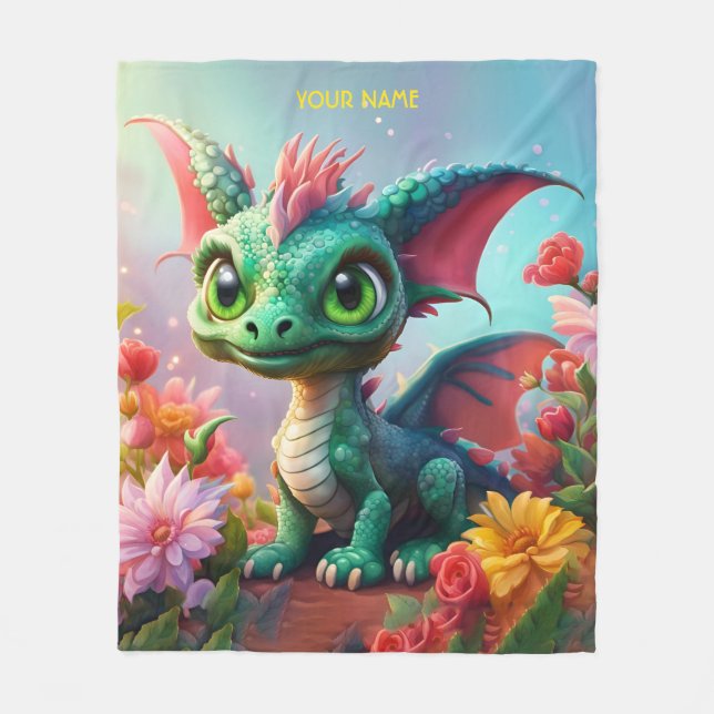 Fantasy Cute Baby Dragon Flowers Fleece Blanket (Front)