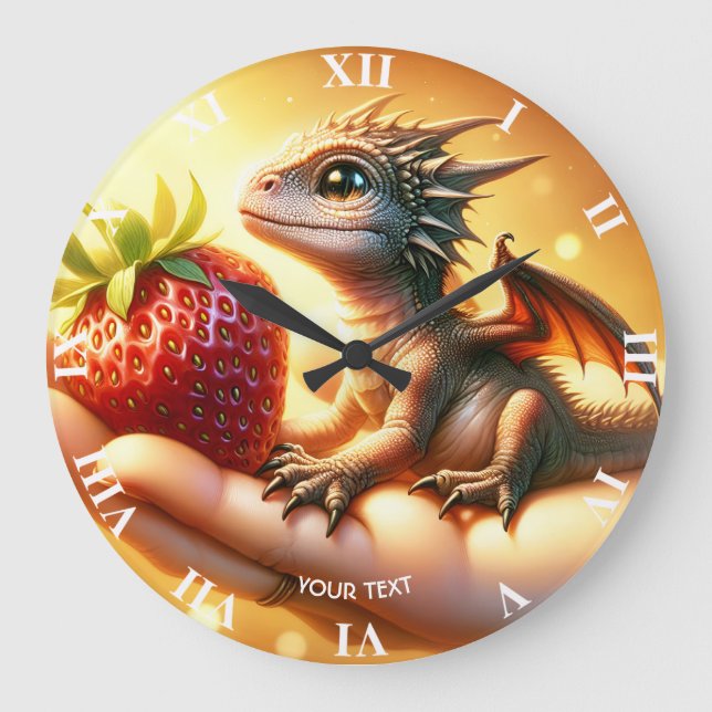 Fantasy Cute  Baby Dragon Strawberry Large Clock (Front)