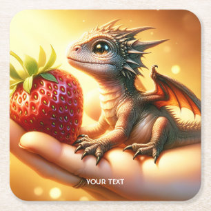 Fantasy Cute Baby Dragon Strawberry Square Paper Coaster